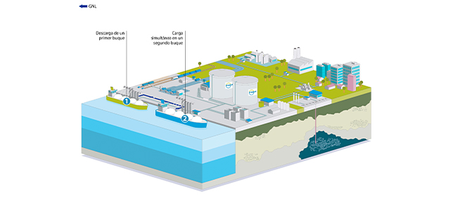 Esta infografía muestra el servicio de transhipment STS y STSTS: descarga de un buque y carga simultánea de otro buque. 